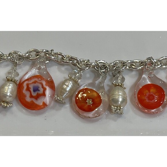 MURANO Glass Red & Green Fresh Water Pearl Charm Bracelet 7in - Picture 9 of 9